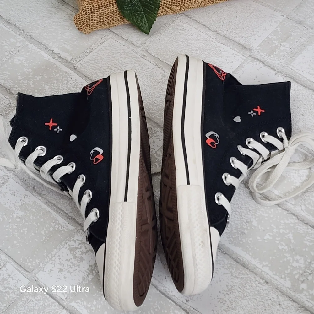 Converse Black High-Tops with Red Heart Details